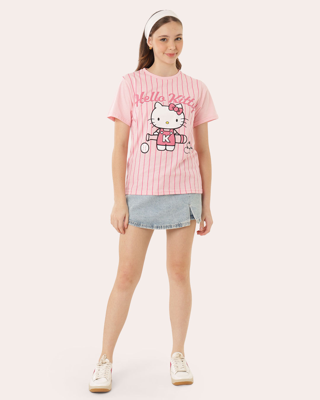 Camiseta Juvenil Oversized Sanrio Hello Kitty Listrada Rosa
