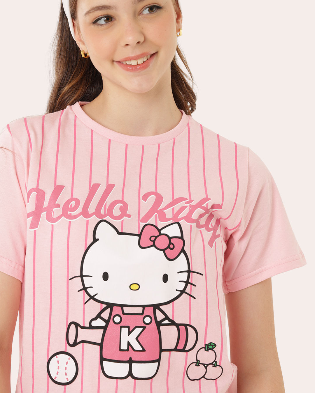 Camiseta Juvenil Oversized Sanrio Hello Kitty Listrada Rosa
