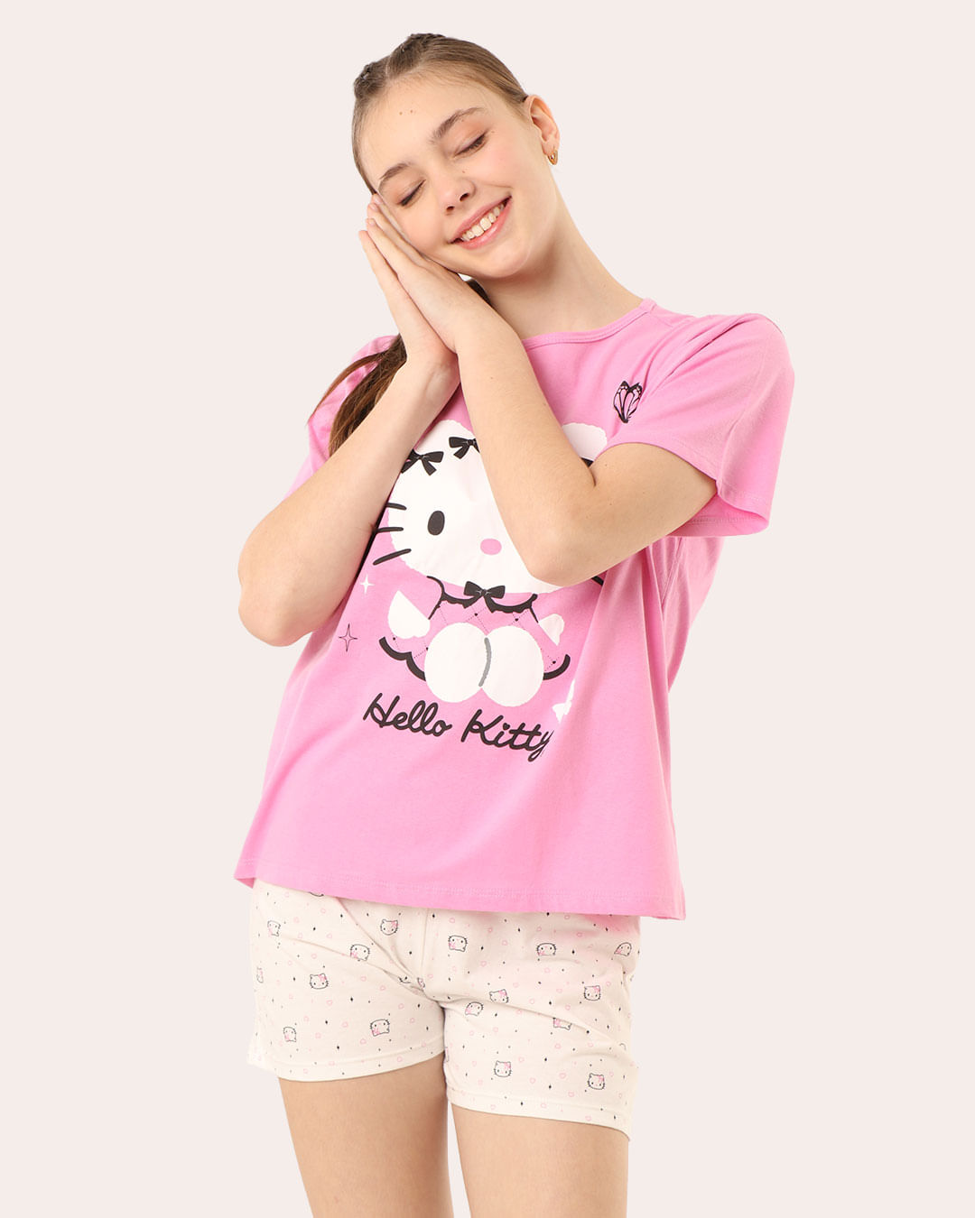 Pijama Juvenil Curto Algodão Sanrio Hello Kitty Rosa