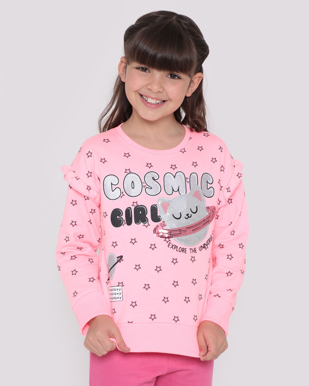 Blusão Infantil Moletom Cosmic Girl Neon Rosa Claro