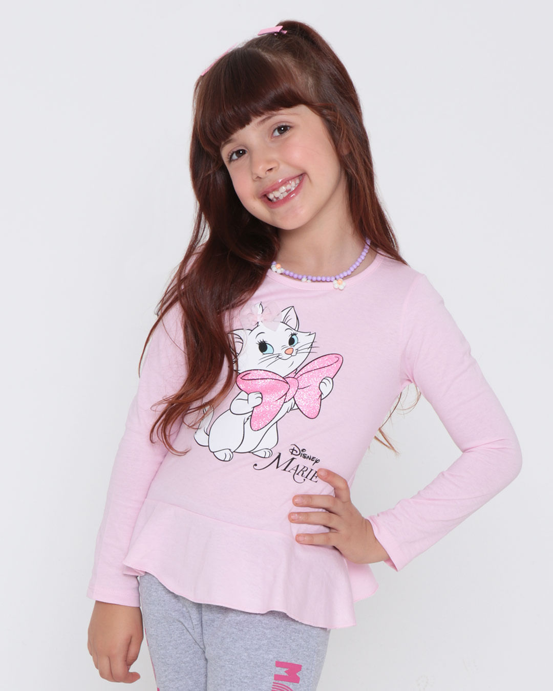 Blusa 4 a 10 anos Manga Longa Gatinha Marie Kamylus Branco