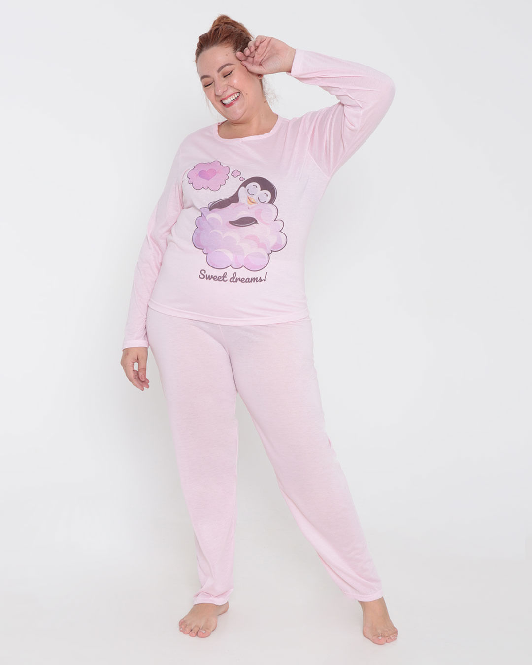 Pijama Feminino Plus Size Longo Pinguim Rosa Claro