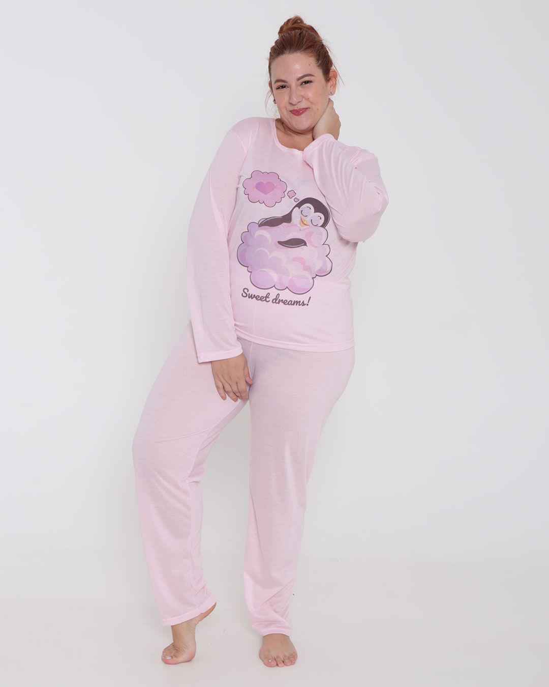 Pijama Feminino Plus Size Longo Pinguim Rosa Claro