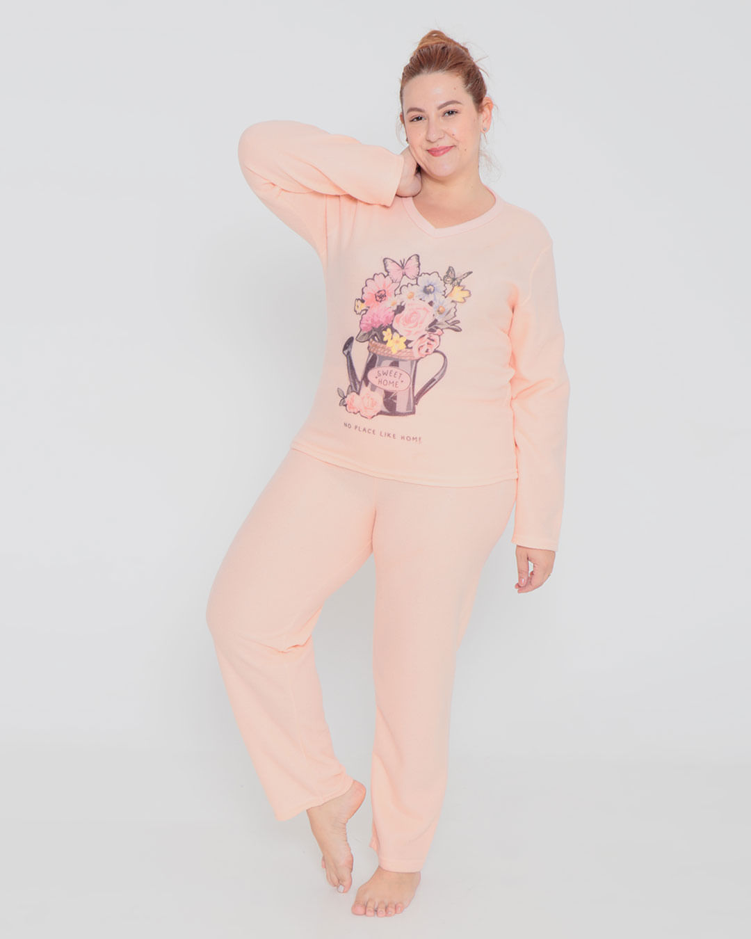 Pijama Feminino Plus Size Soft Longo Floral Laranja