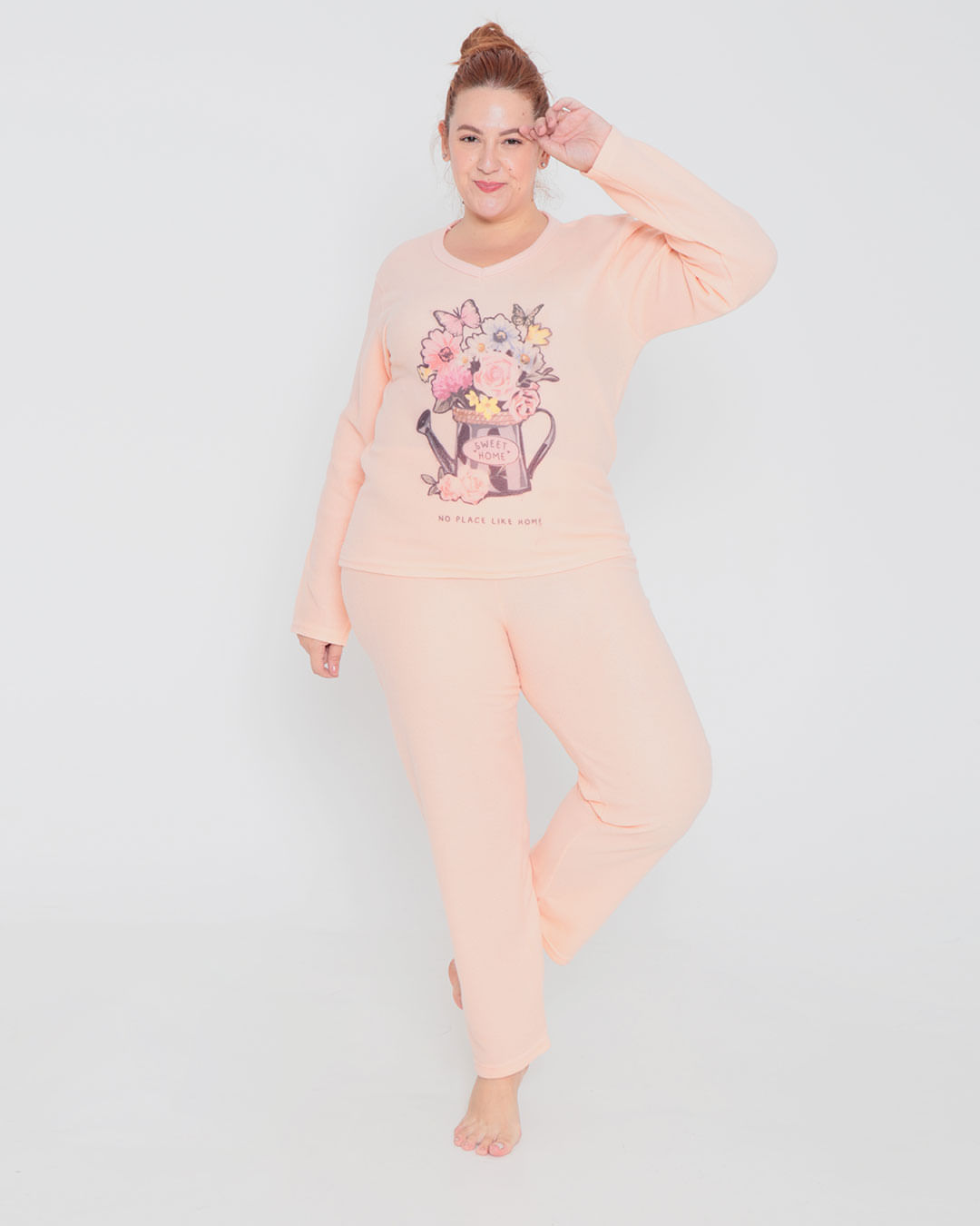 Pijama Feminino Plus Size Soft Longo Floral Laranja