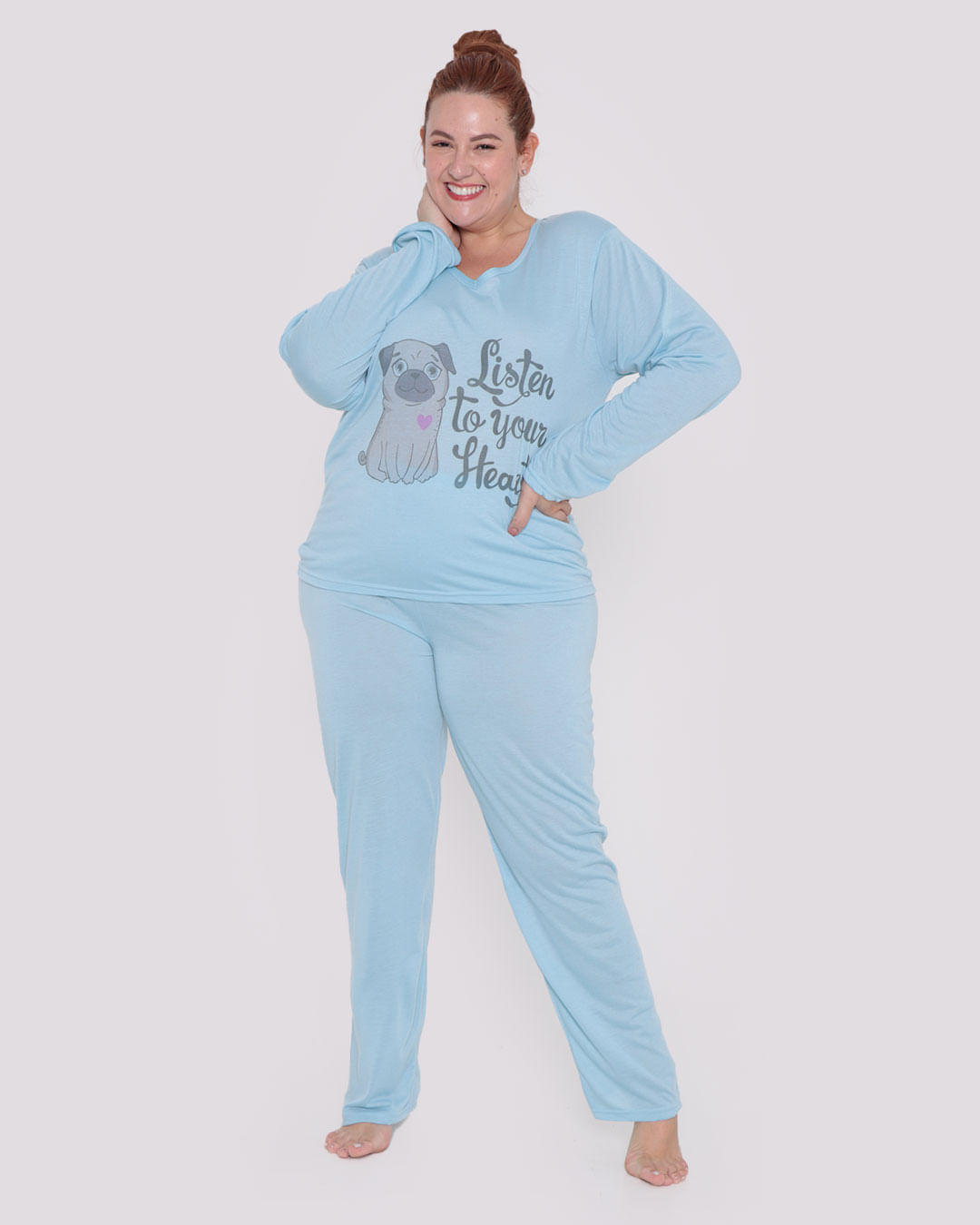 Pijama Feminino Plus Size Longo Pug Azul Claro