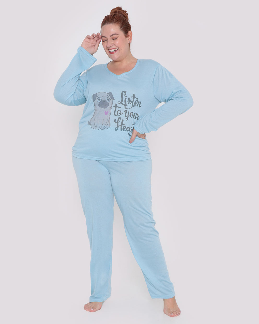 Pijama Feminino Plus Size Longo Pug Azul Claro