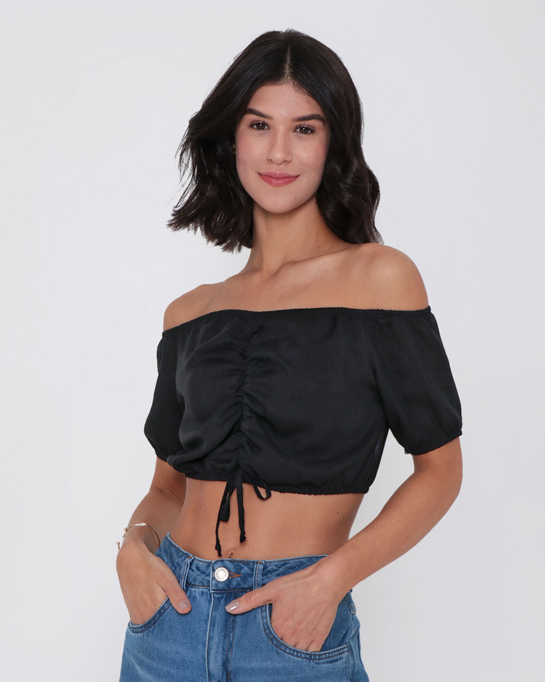 Blusa Feminina Cropped Coulisse Ciganinha Preta