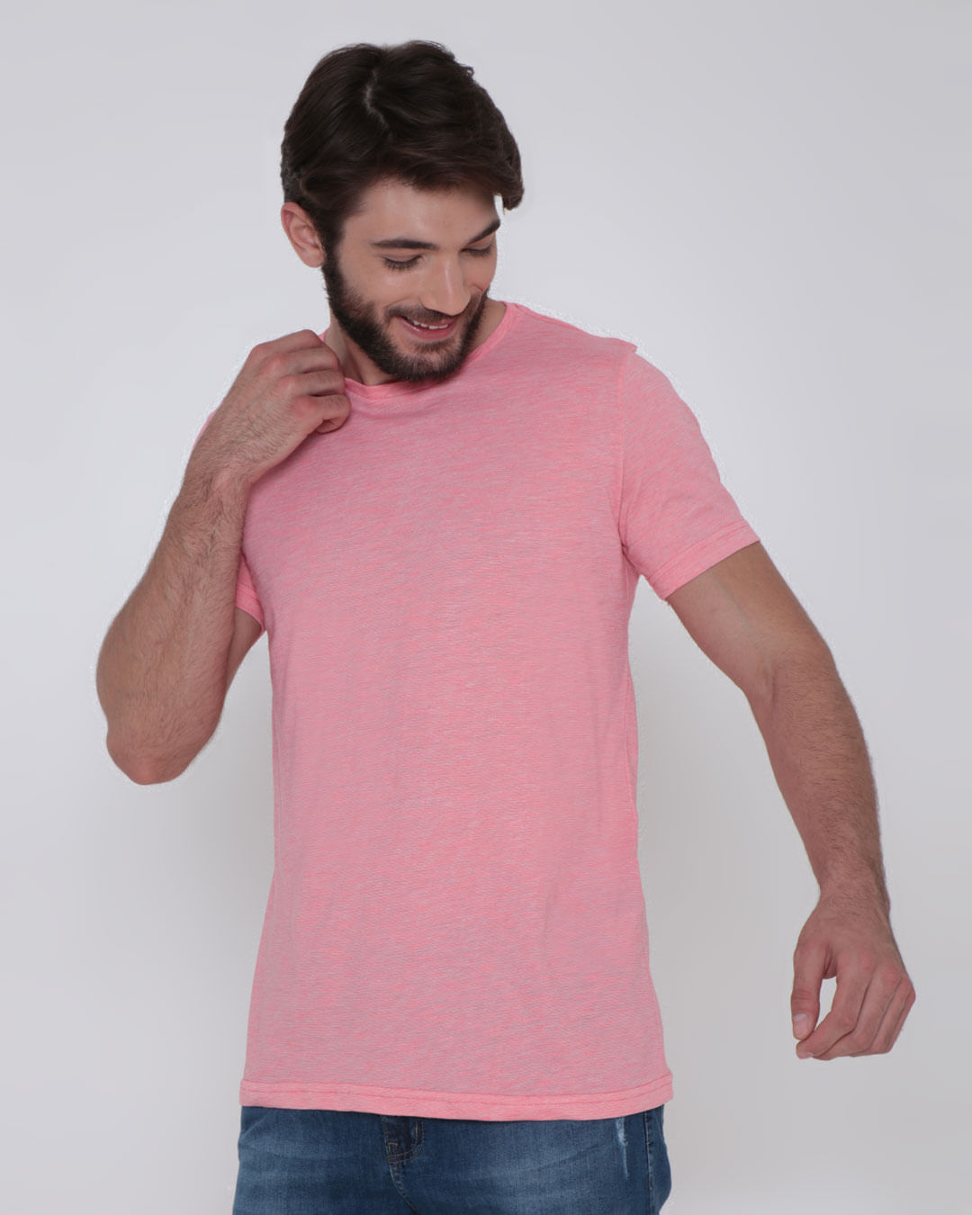 Camiseta Masculina Básica Mesclada Neon Rosa Claro