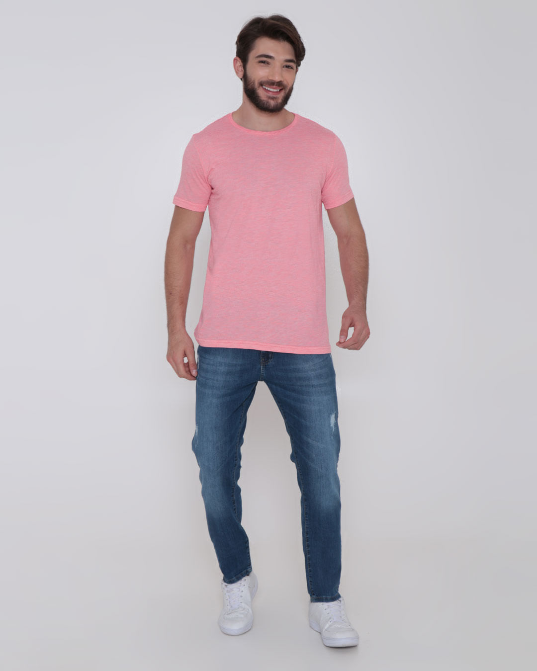 Camiseta Masculina Básica Mesclada Neon Rosa Claro