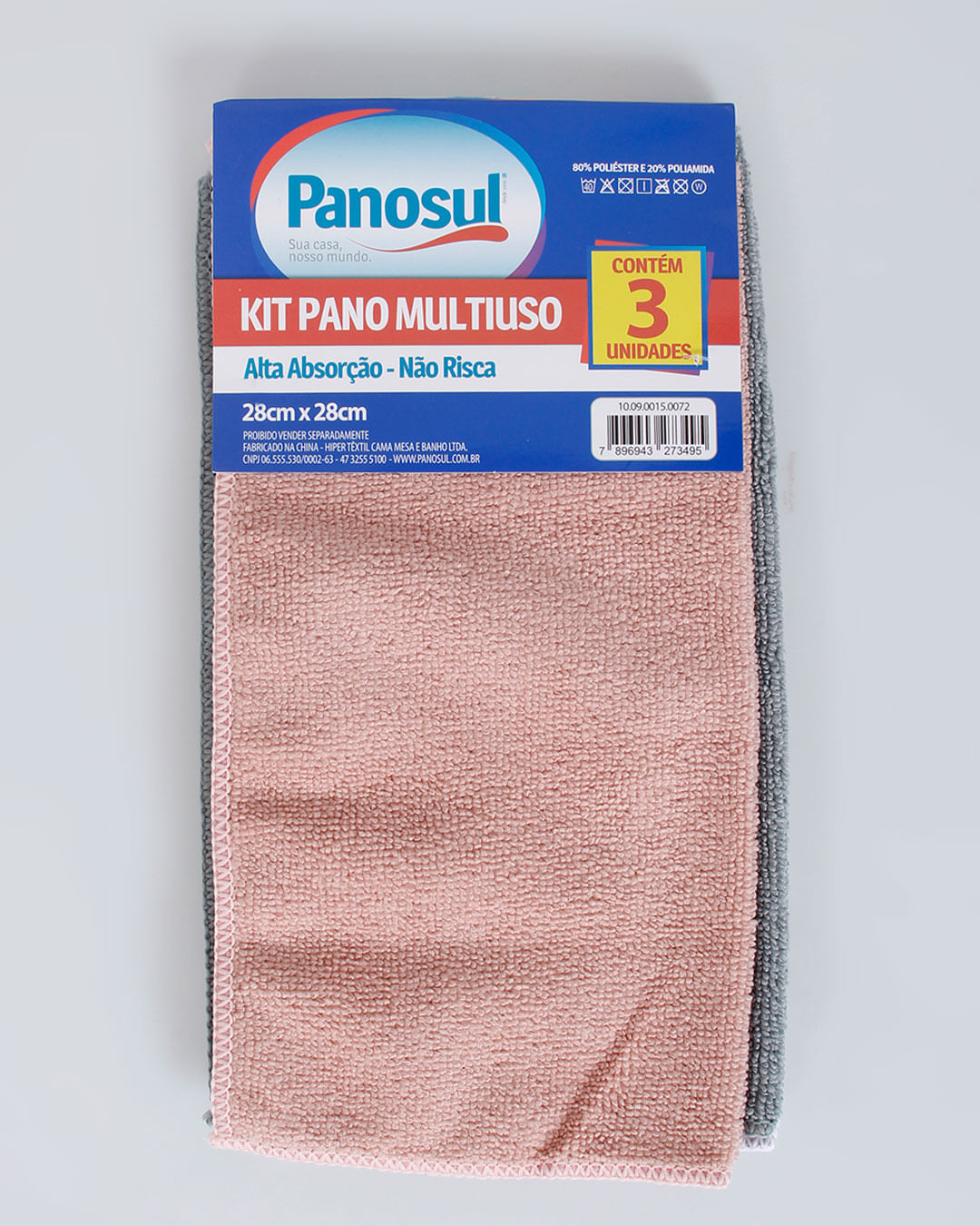 Kit Pano Multiuso Microfibra 3 Unidades 28x28 Cinza Rosa Branco
