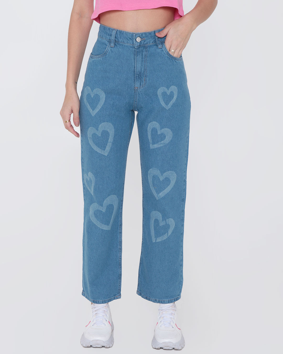 Calça Jeans Feminina Reta Corações Azul