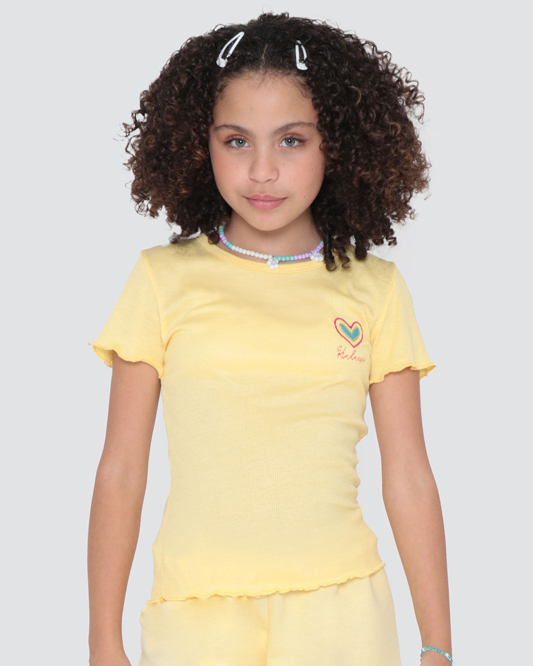 Blusa Juvenil Canelada Coração Fru Fru Amarelo Claro