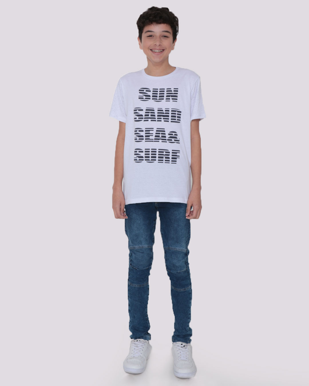 Camiseta Juvenil Estampa Surf Manga Botonê Branca