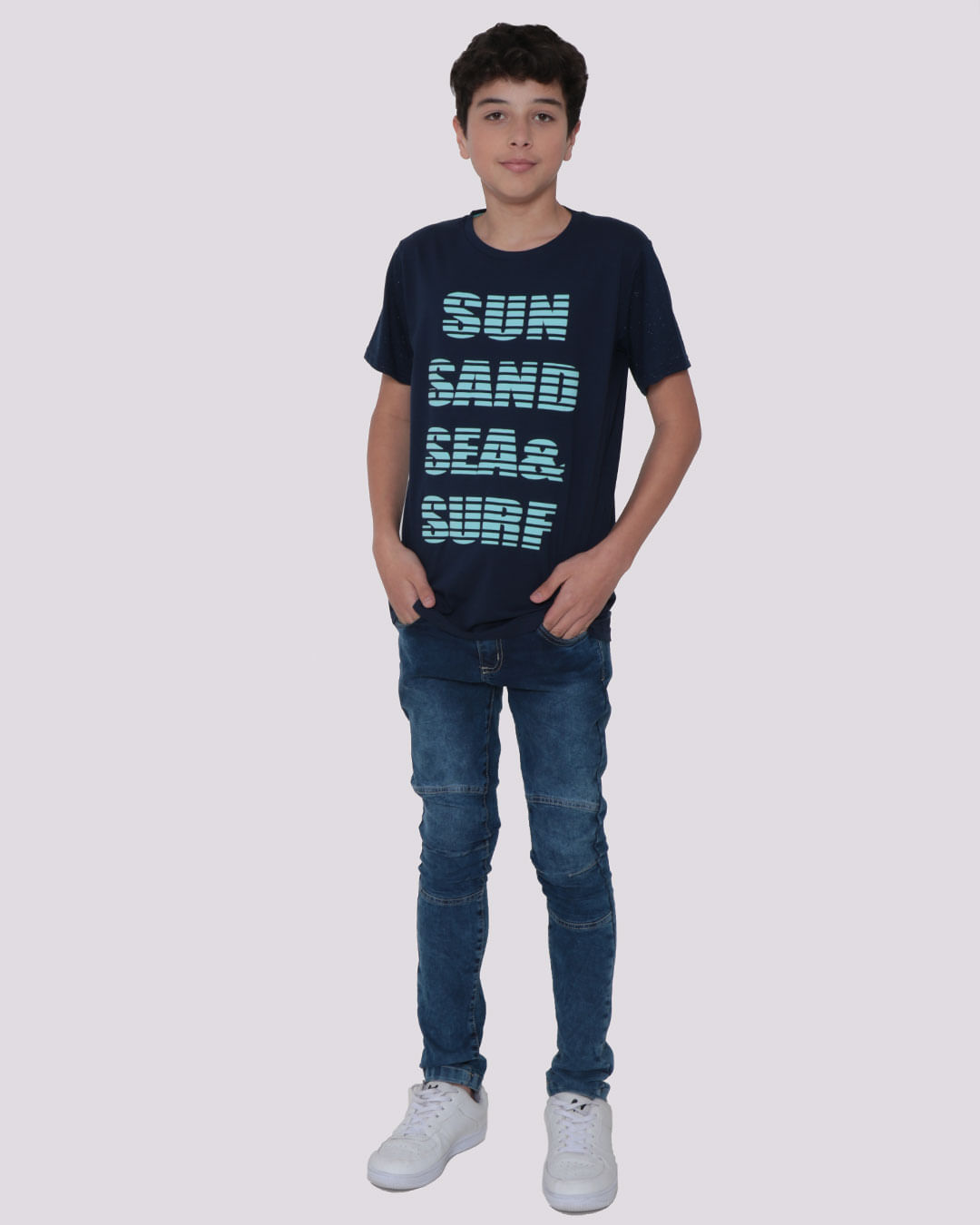 Camiseta Juvenil Estampa Surf Manga Botonê Marinho