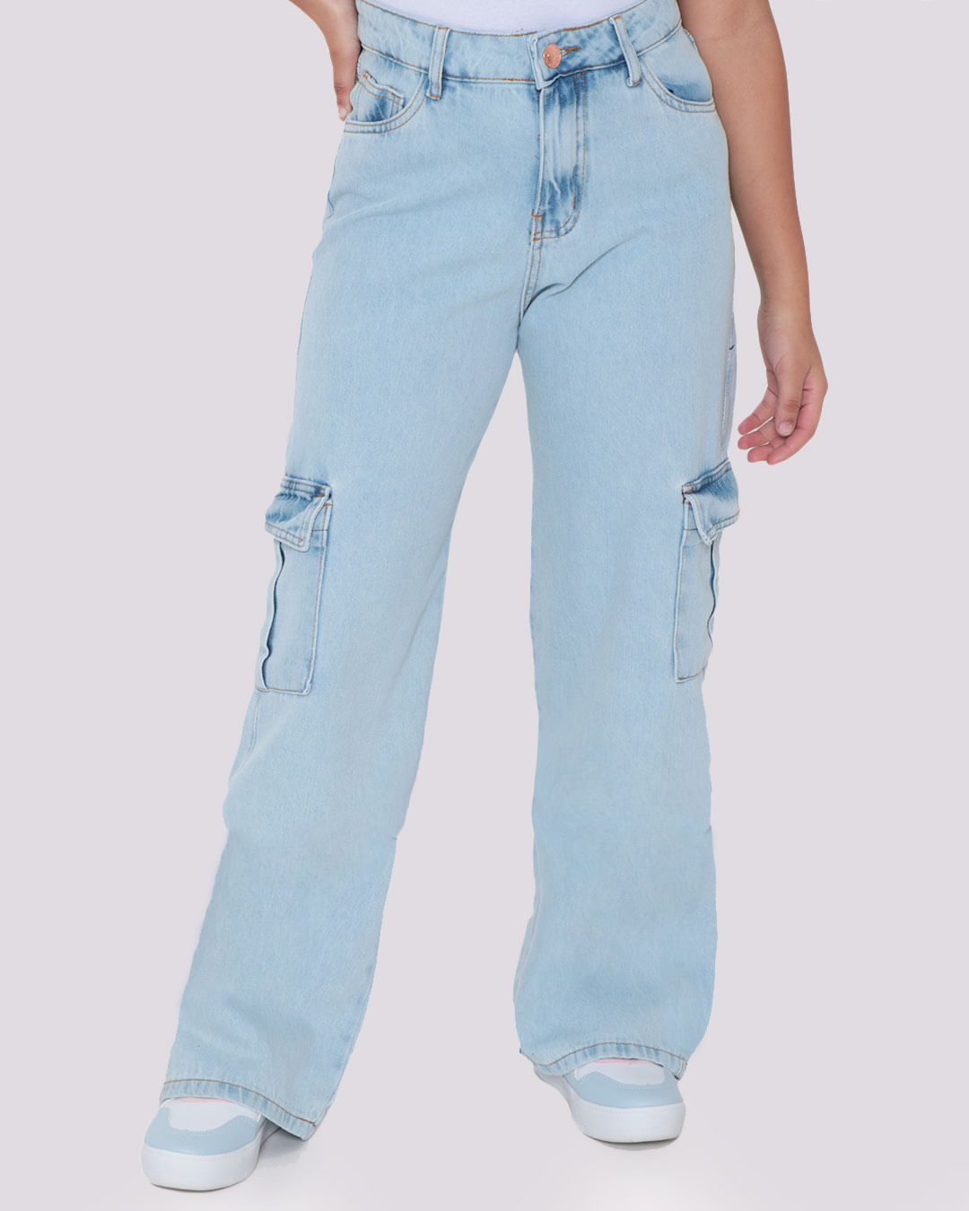 Calça Jeans Juvenil Wide Leg Bolso Cargo Azul Claro