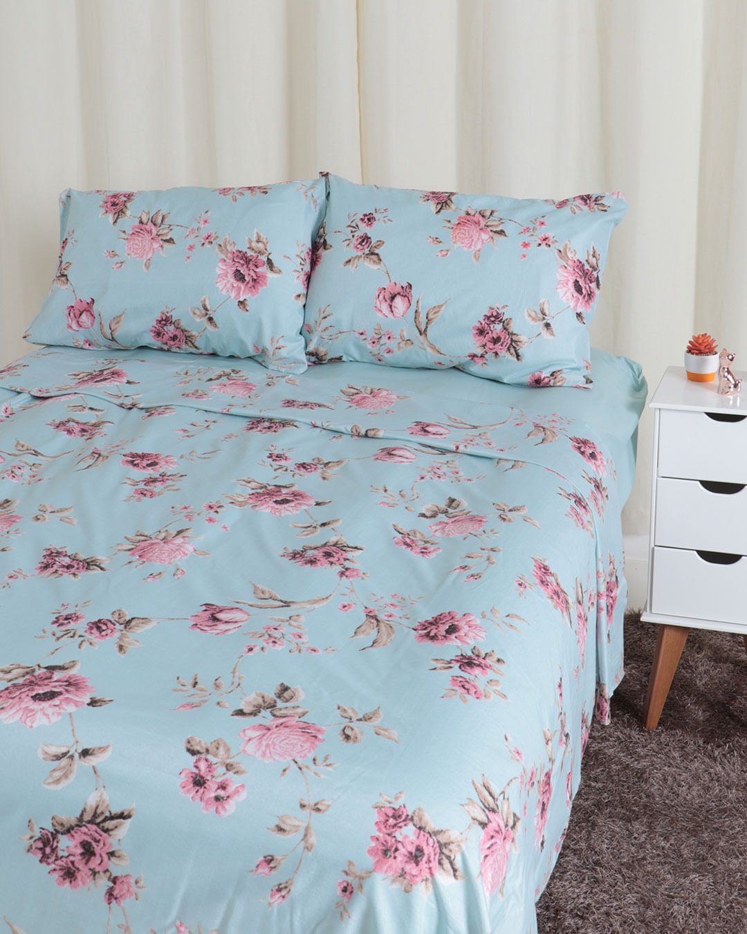 Jogo de Cama Queen Microfibra 150 fios Floral Camesa Azul