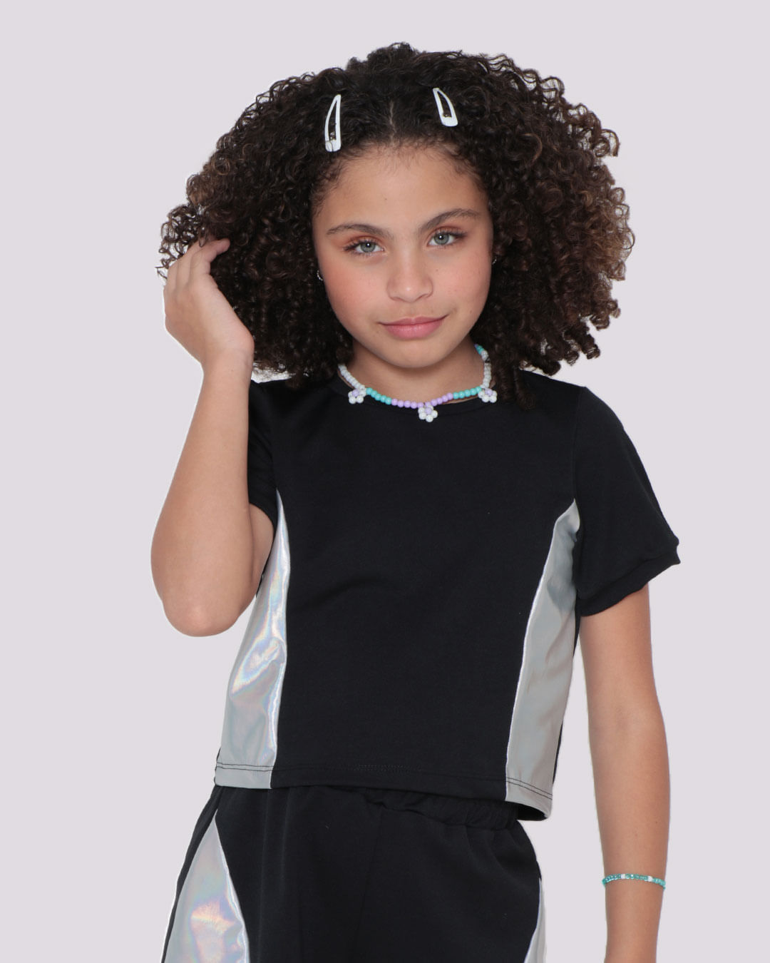 Blusa Cropped Juvenil Recorte Cirrê Holográfico Preto