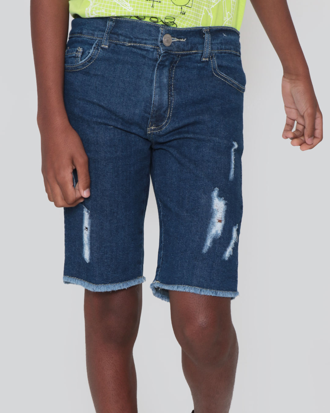 Bermuda Jeans Juvenil Destroyed Barra Desfiada Azul