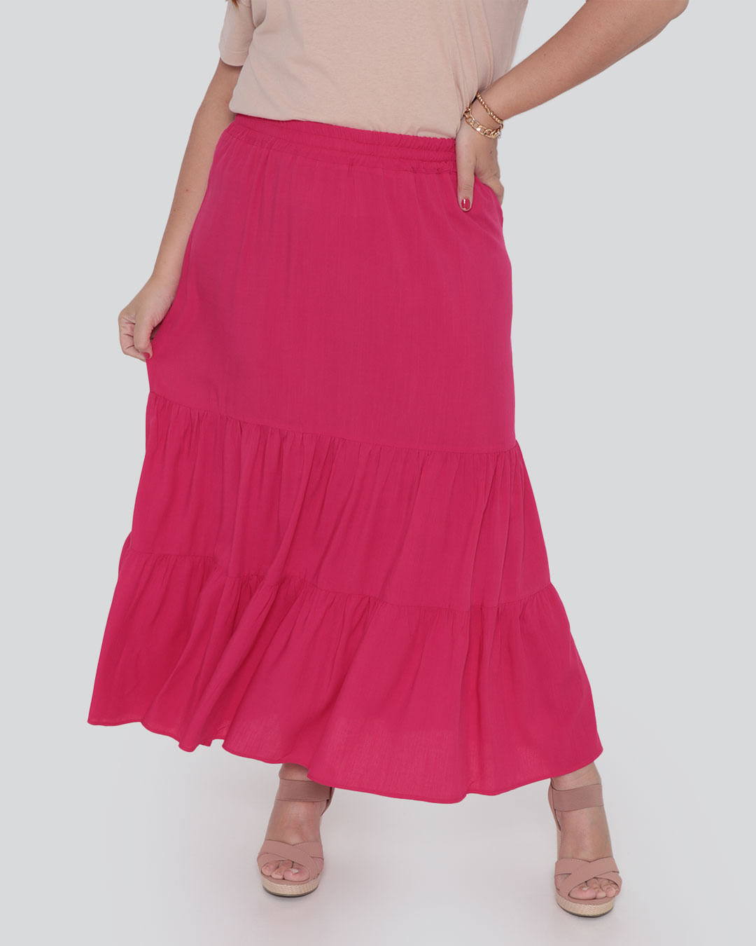 Saia Feminina Plus Size Viscose Longa Três Marias Rosa