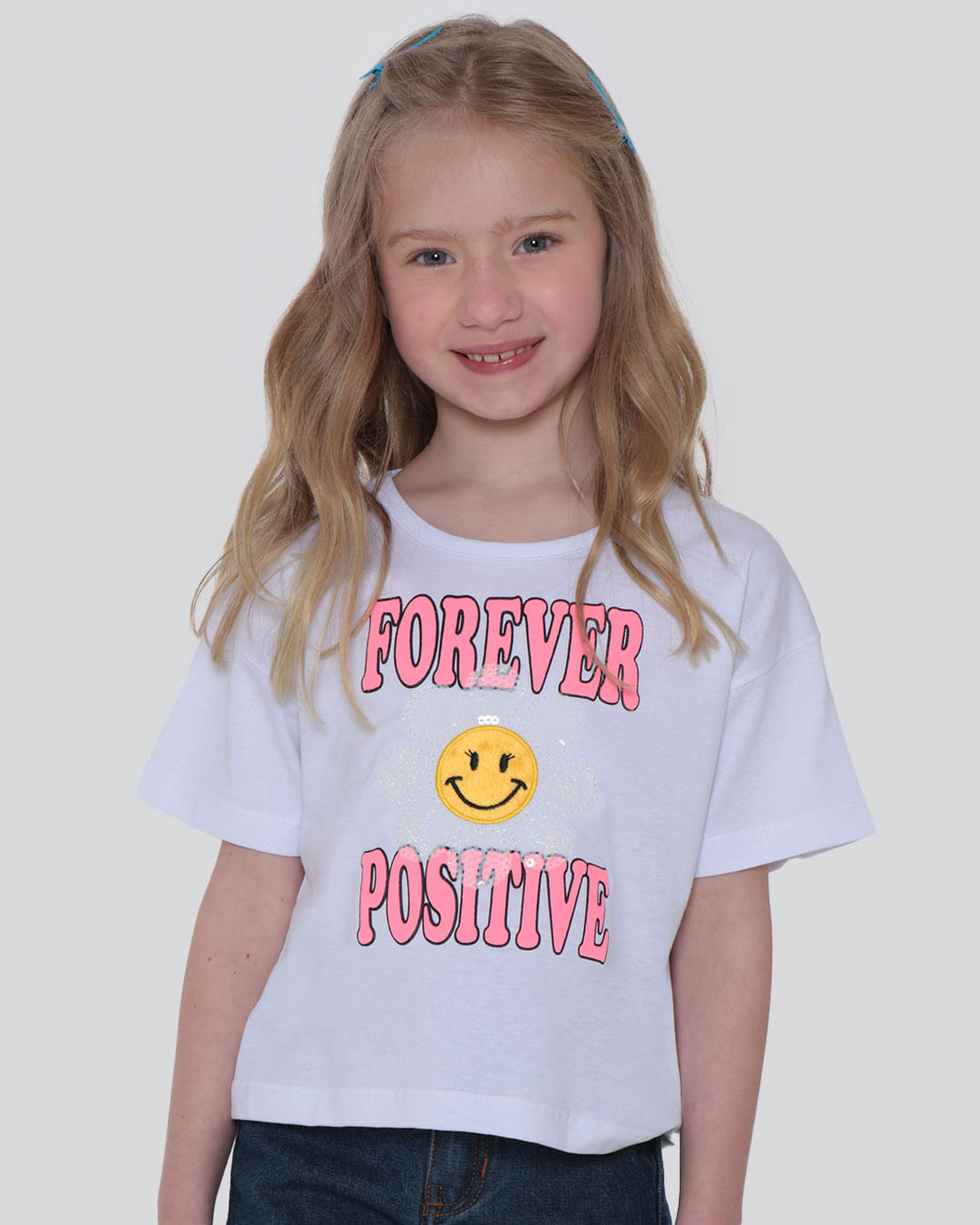 Blusa Cropped Infantil Paetê Forever Positive Branca