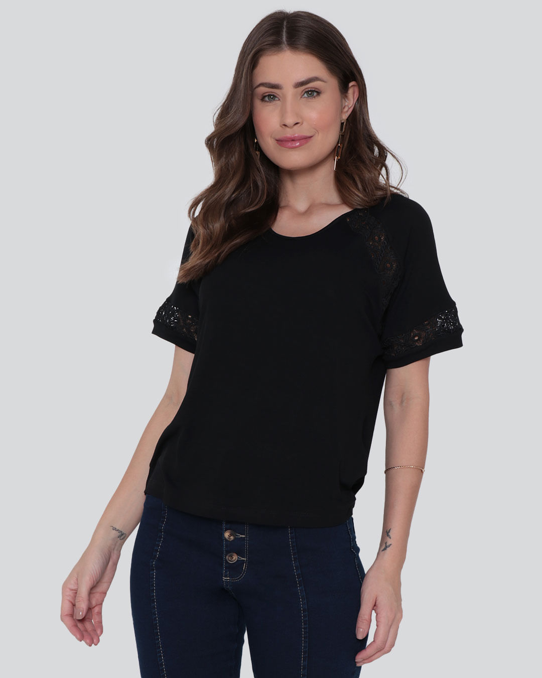 Blusa Feminina Recorte Renda Preta