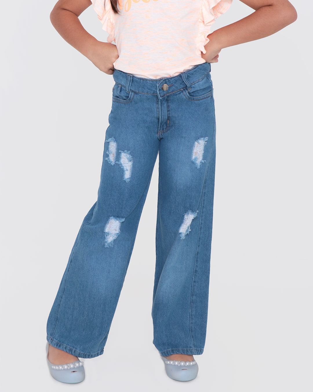 Calça Jeans Infantil Wide Leg Destroyed Azul Claro