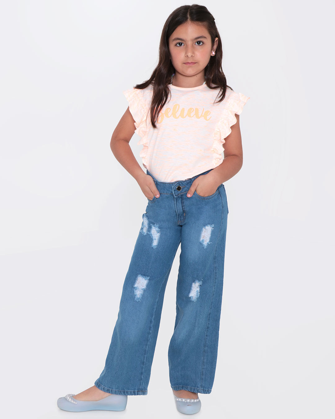 Calça Jeans Infantil Wide Leg Destroyed Azul Claro
