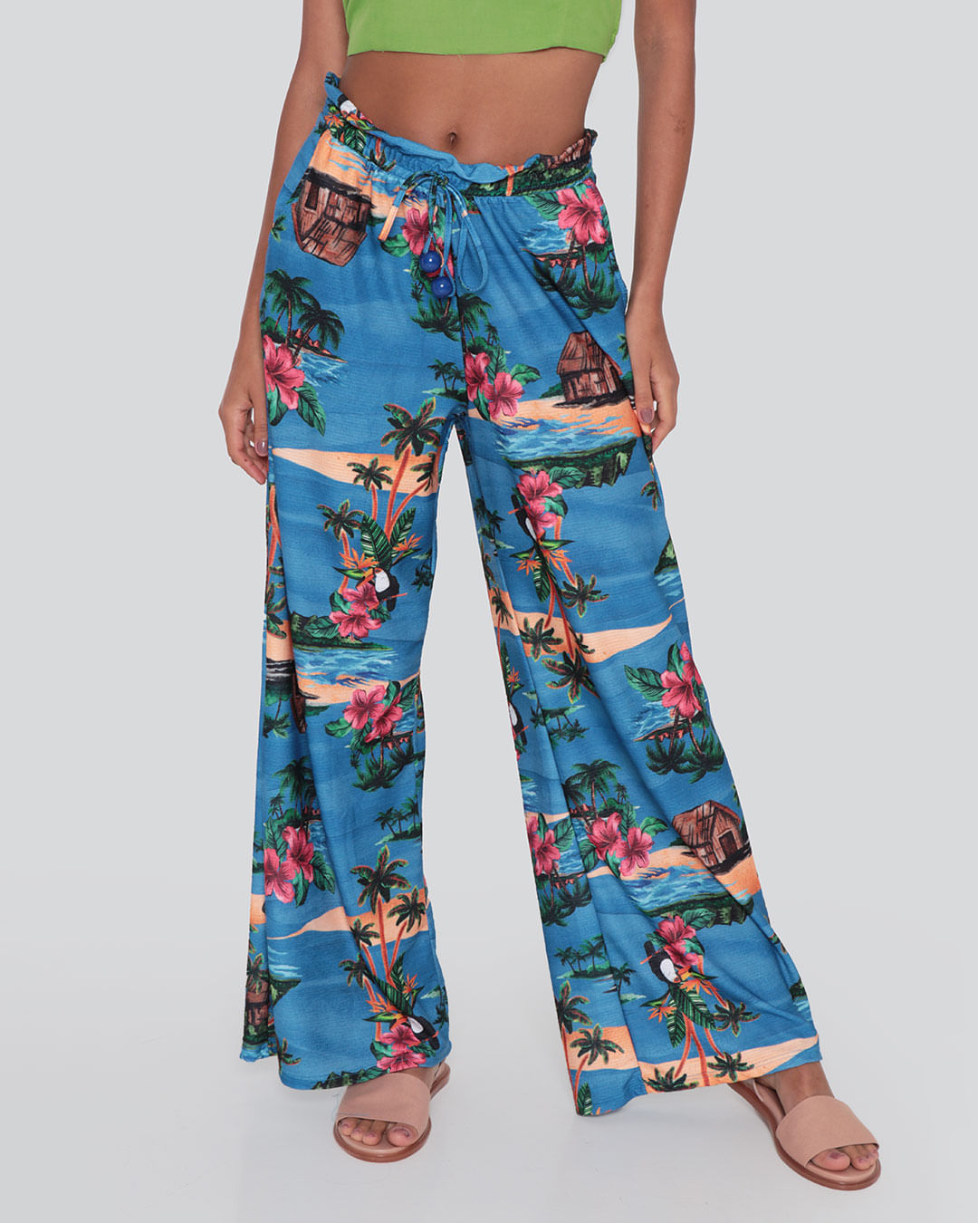 Calça Feminina Pantalona Estampa Tropical Azul