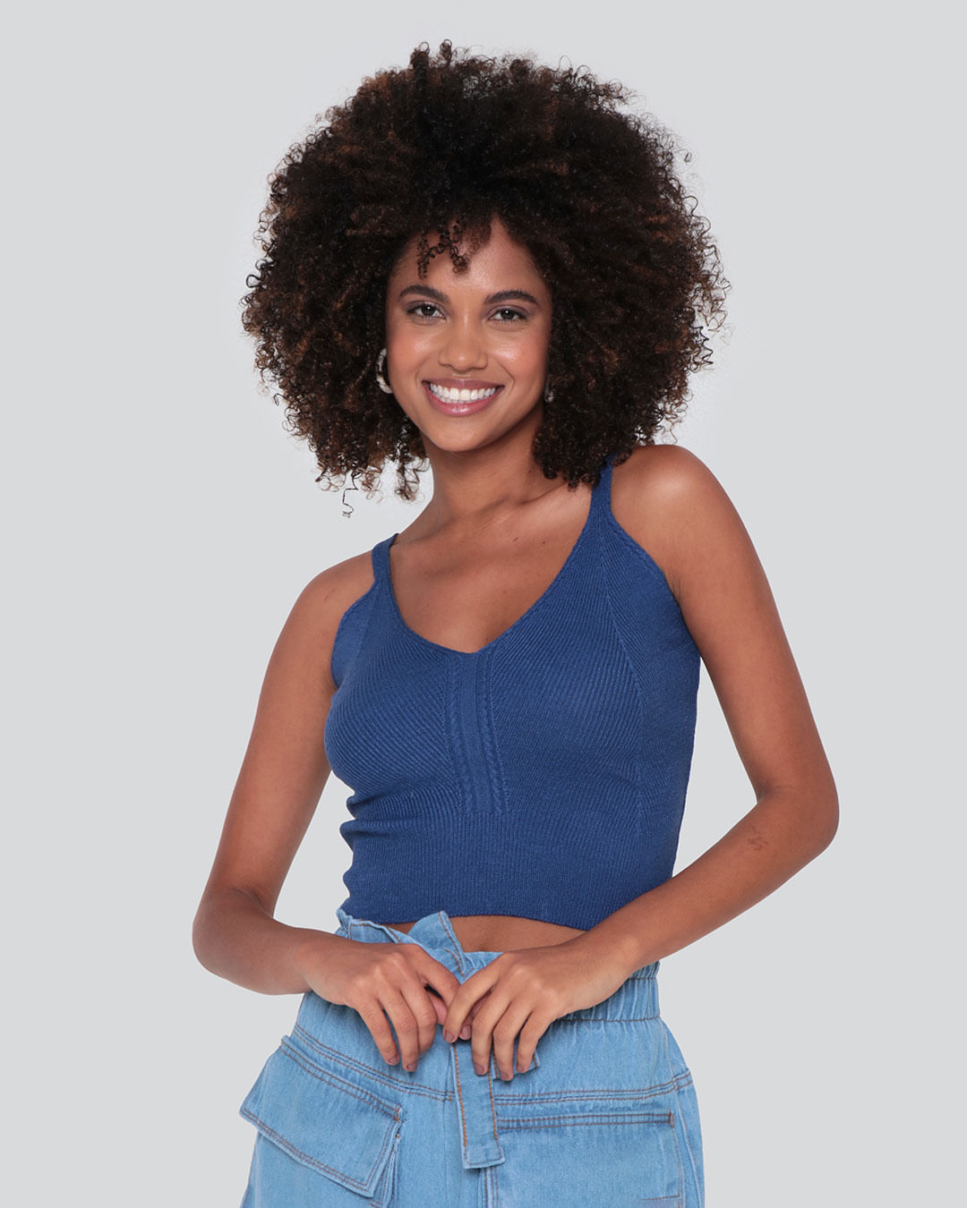 Regata Cropped Feminina Tricô Azul