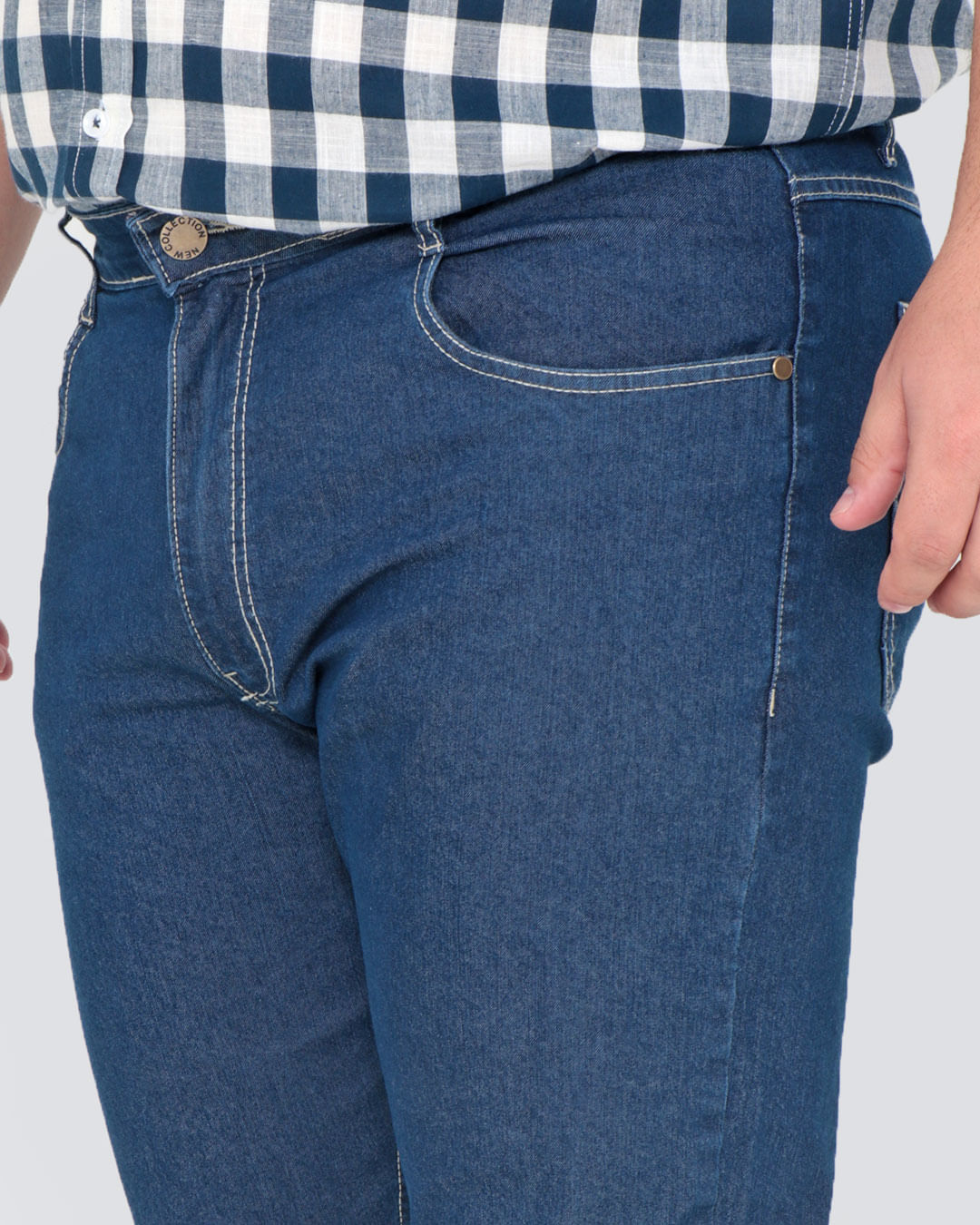 Calça Jeans Reta com Cós Estendido em Tecido Azul
