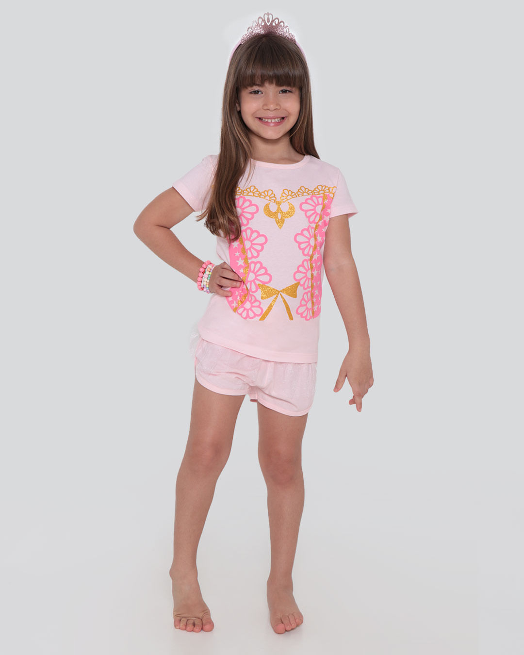 Pijama Infantil Princesa Brinde Coroa Rosa Claro