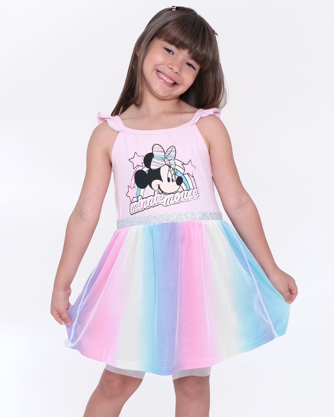 Vestido Infantil Tule Glitter Minnie Mouse Disney Rosa