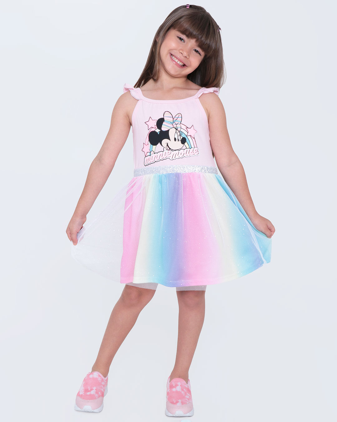 Vestido Infantil Tule Glitter Minnie Mouse Disney Rosa