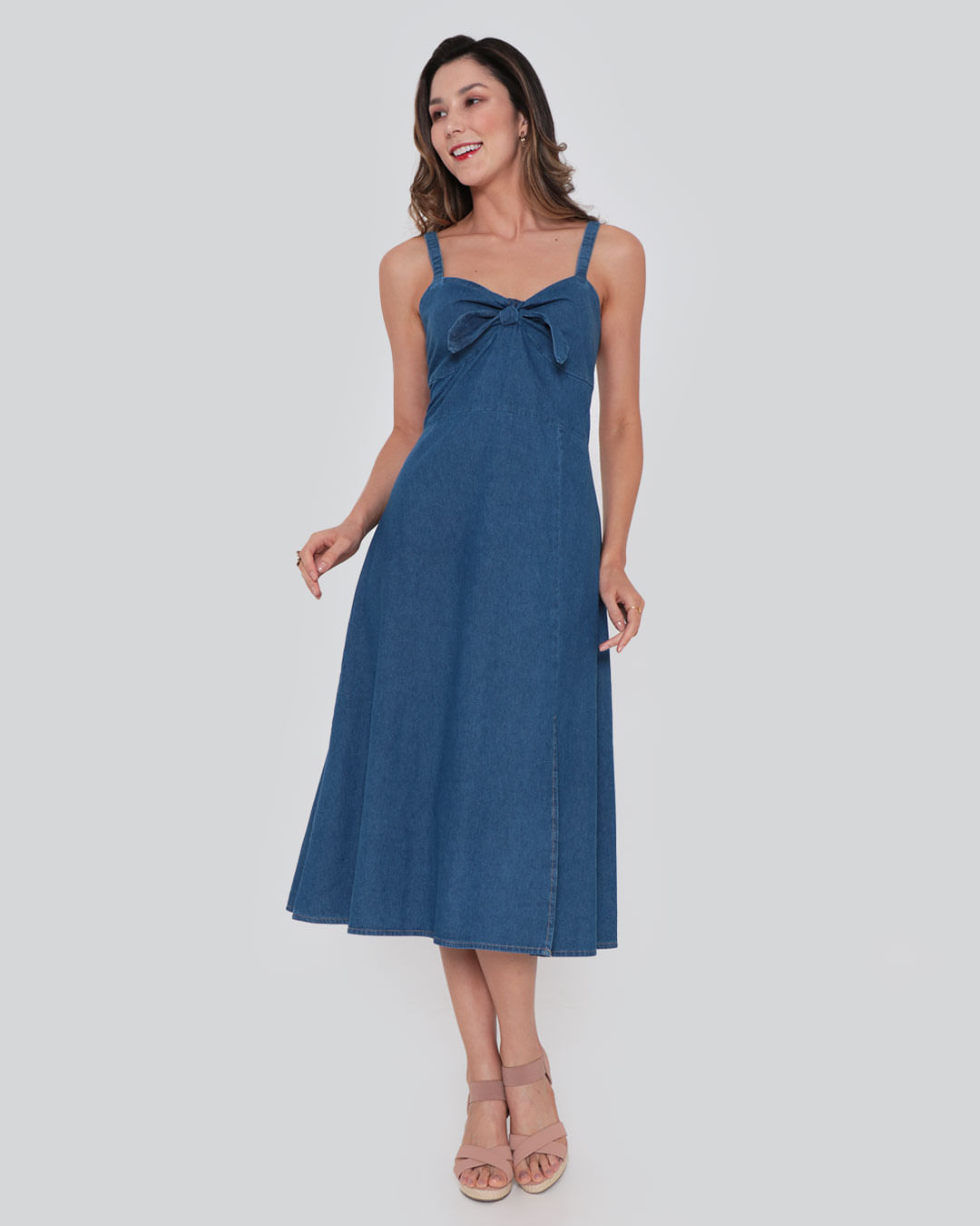 Vestido Feminino Jeans Midi Laço Azul