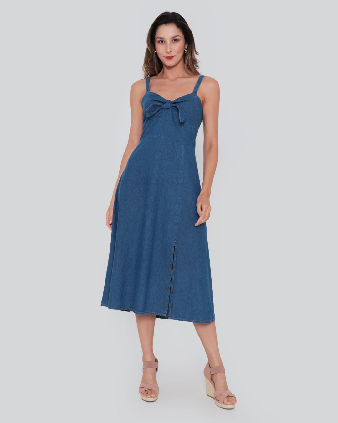 Vestido Feminino Jeans Midi Laço Azul