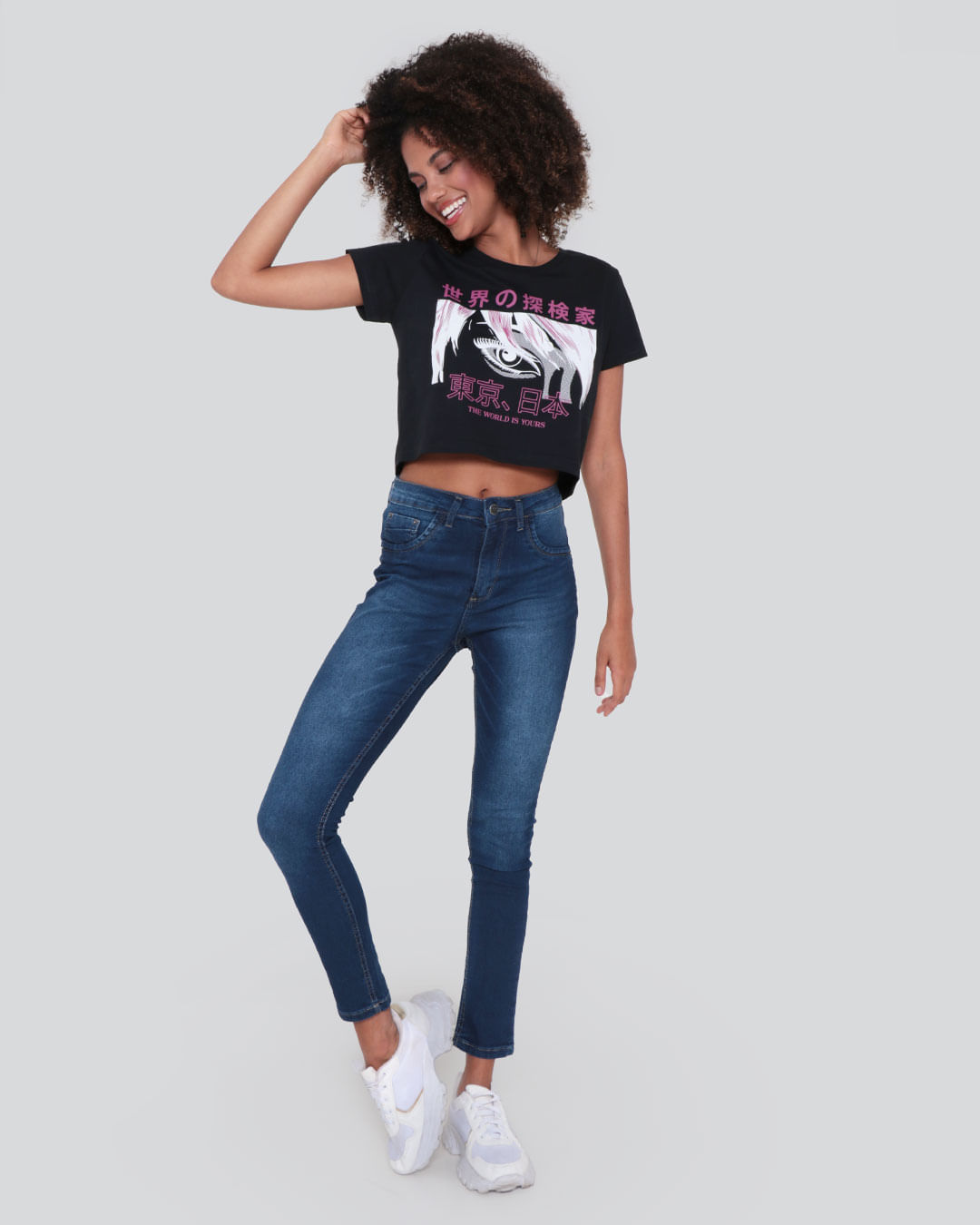 Blusa Cropped Feminina Estampa Anime Preto