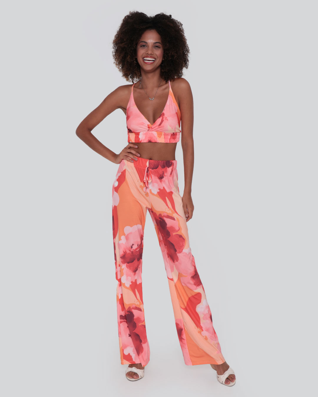 Calça Feminina Pantalona Floral Laranja