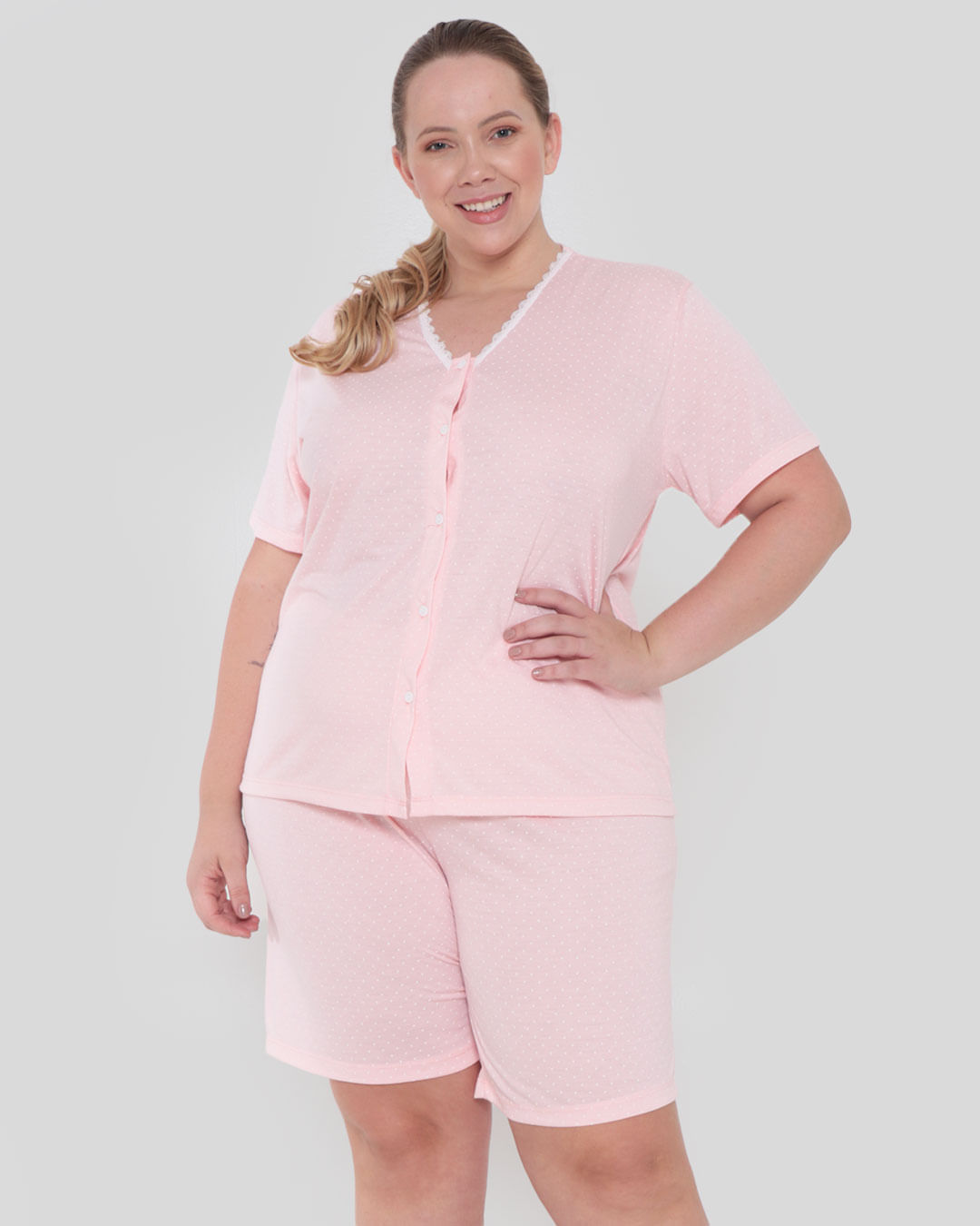 Pijama Plus Size Feminino Manga Curta Poá Rosa Claro