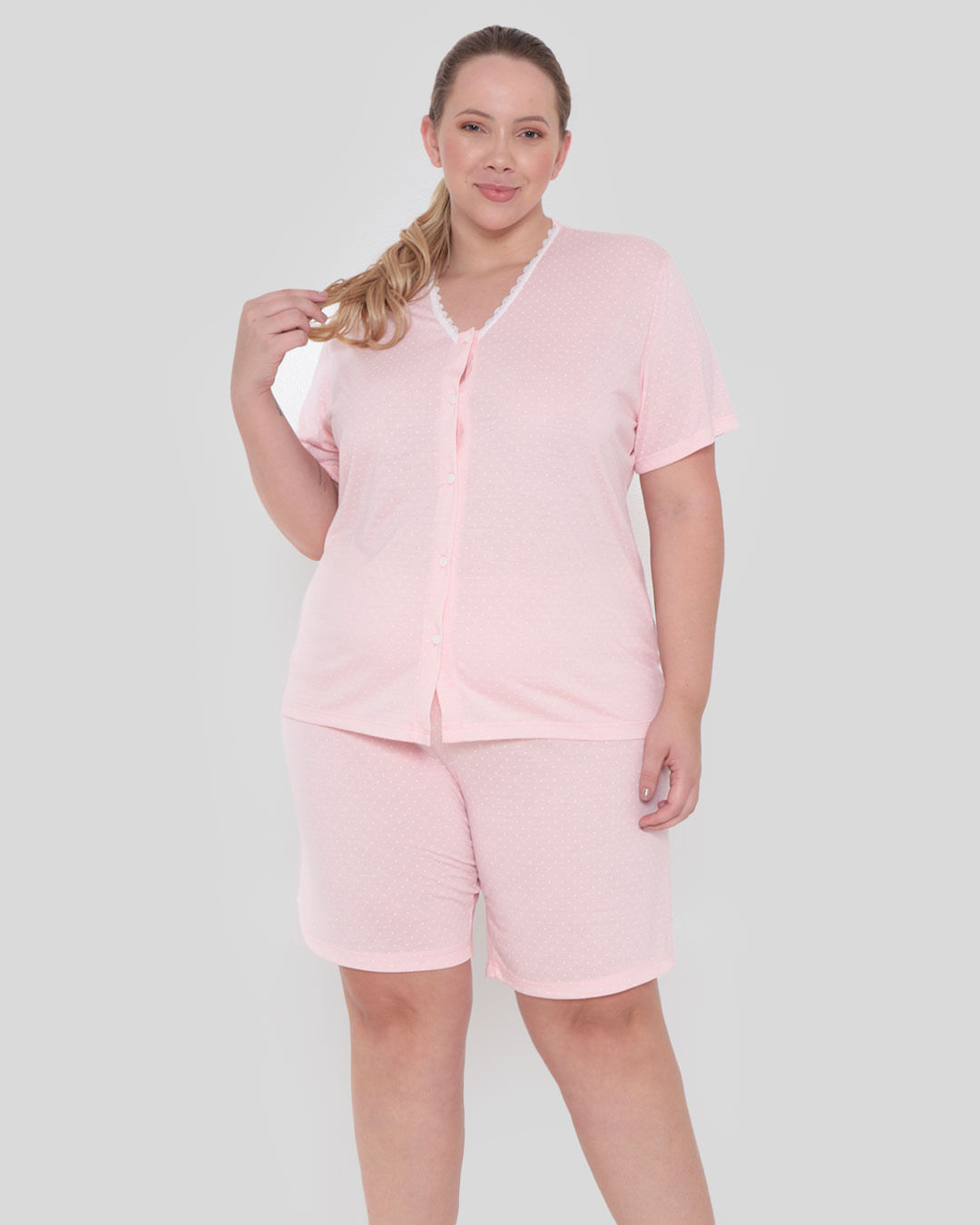 Pijama Plus Size Feminino Manga Curta Poá Rosa Claro