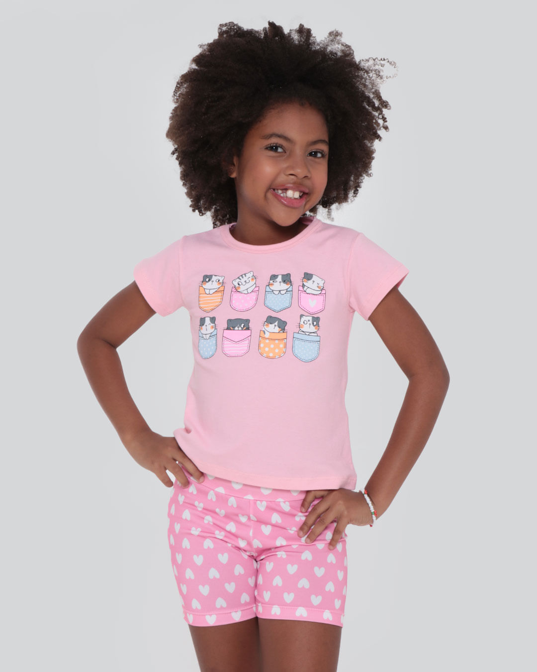 Conjunto Infantil Estampa Gatinhos Coração Rosa Claro