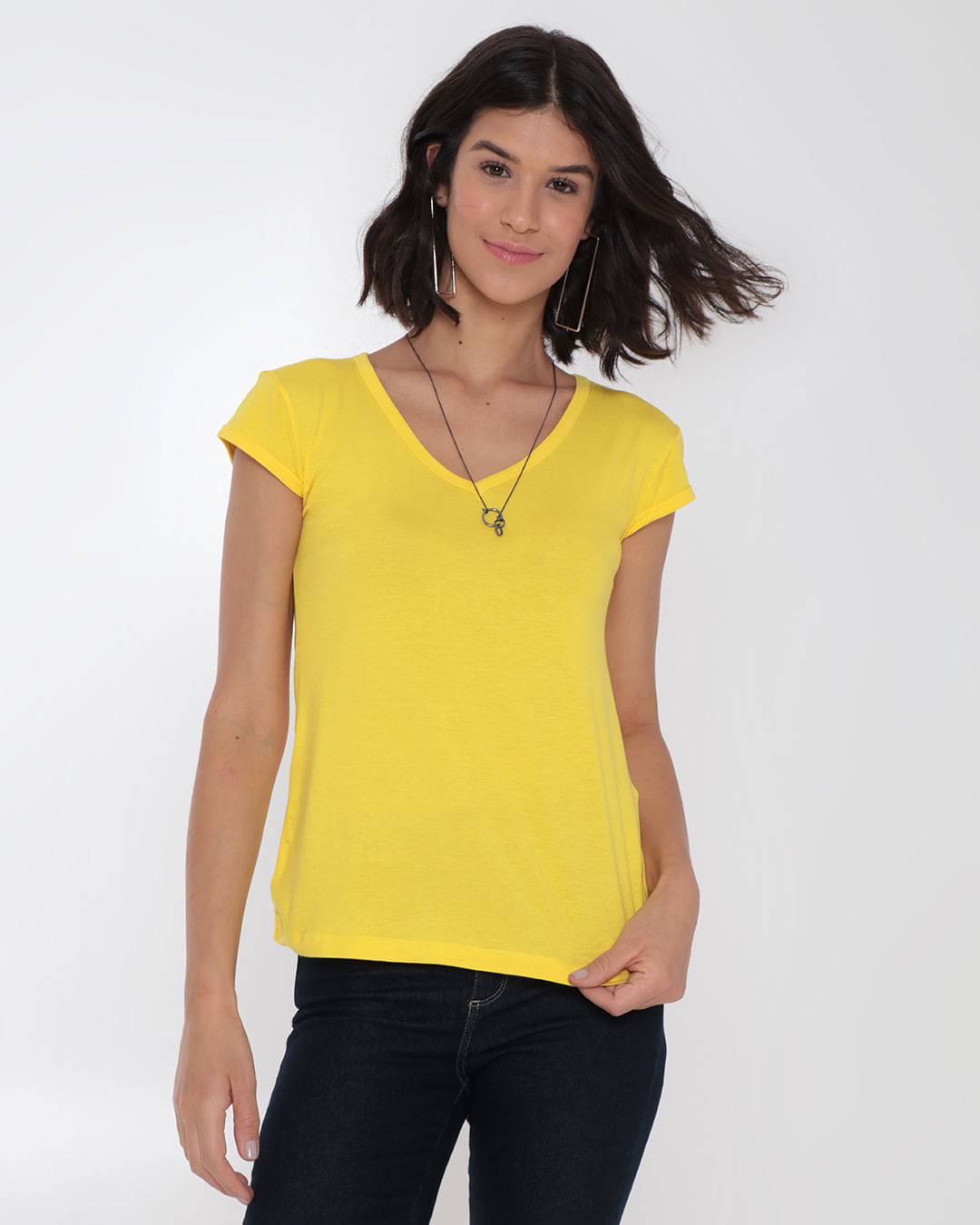 Blusa Feminina Básica Decote V Amarelo