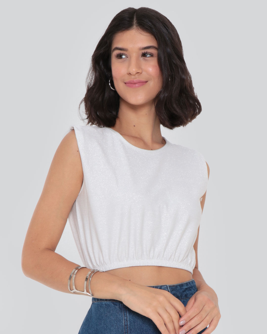 Regata Cropped Feminina Lurex Branca