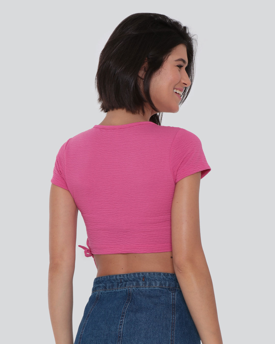 Blusa Cropped Amarração Malha Textura Rosa