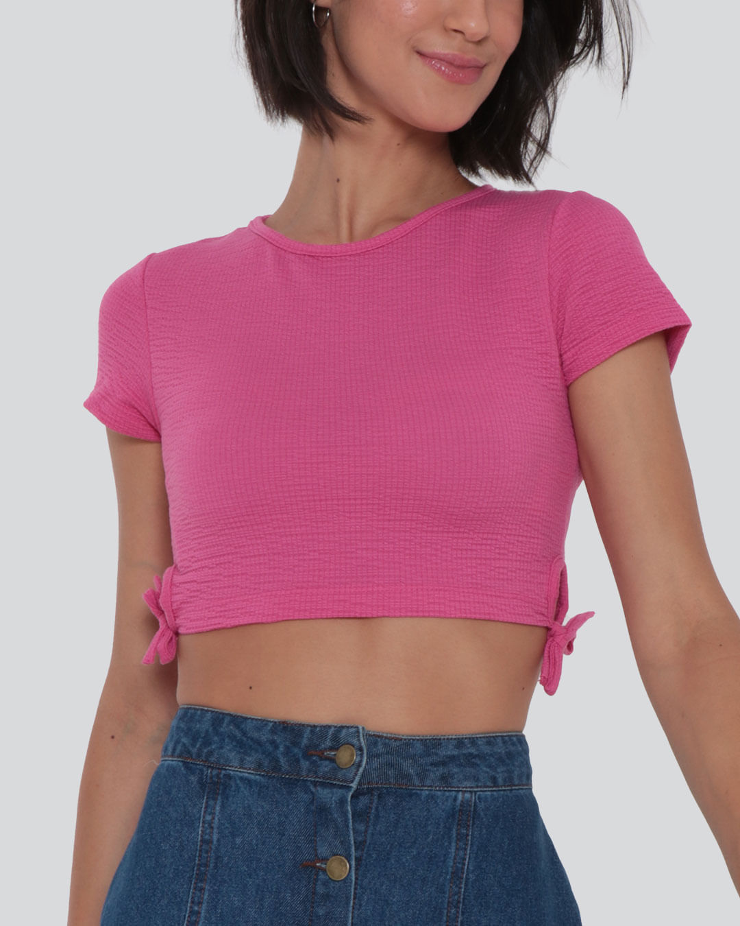 Blusa Cropped Amarração Malha Textura Rosa