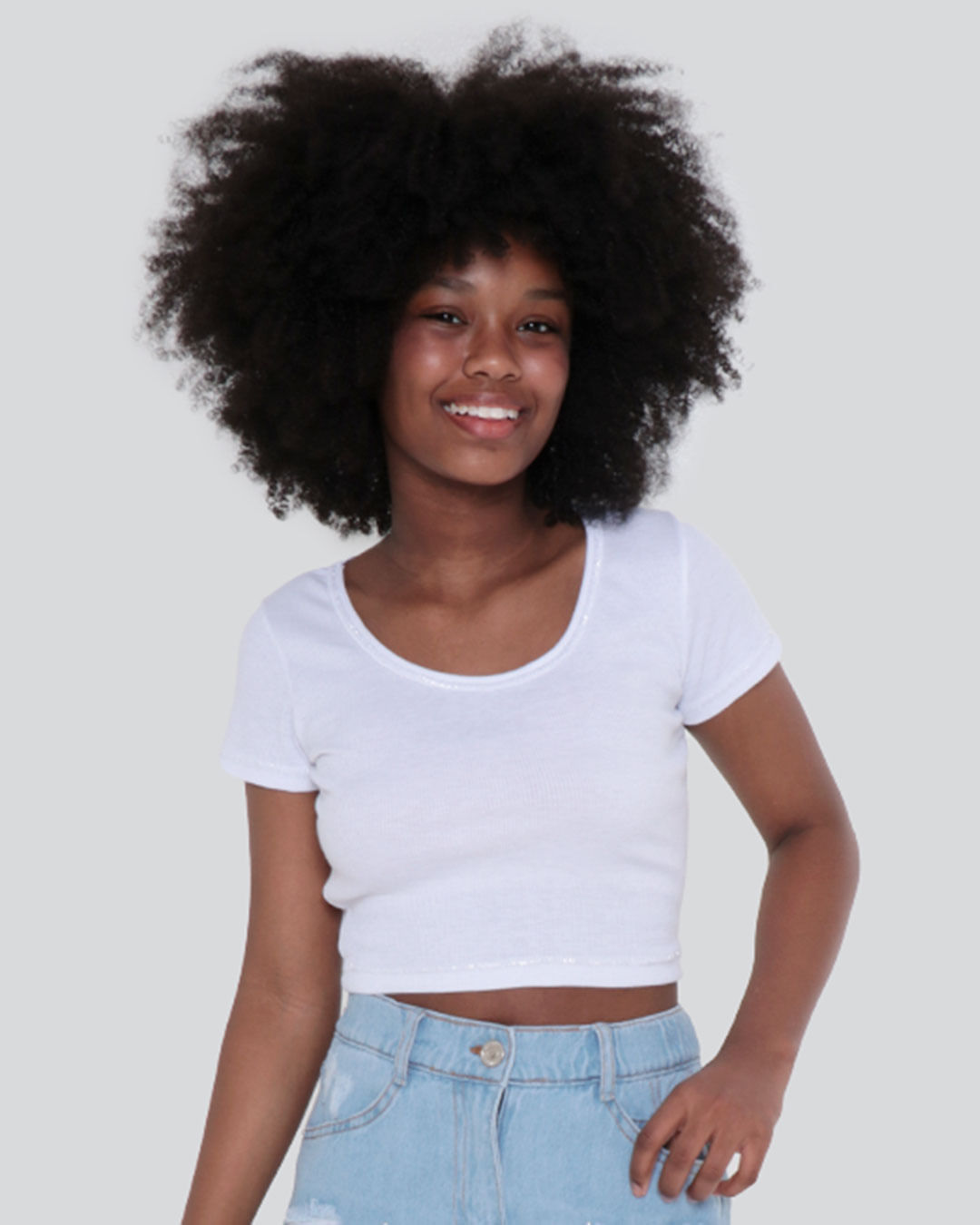 Blusa Juvenil Cropped Canelada Com Fio Lurex Branca