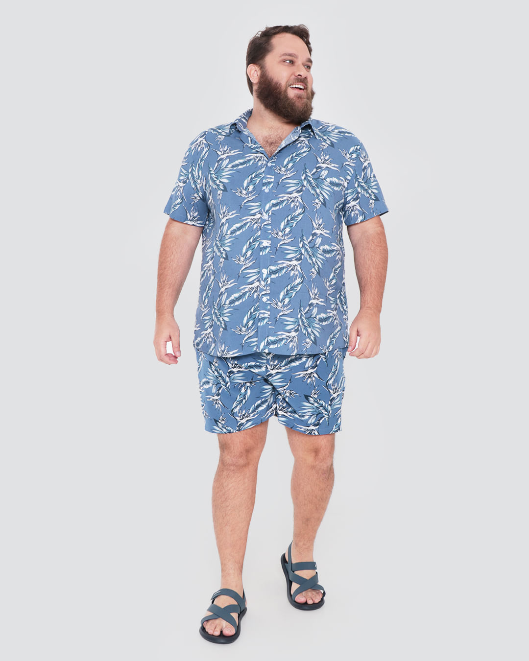 Camisa Masculina Plus Size Estampa Folhagem Azul