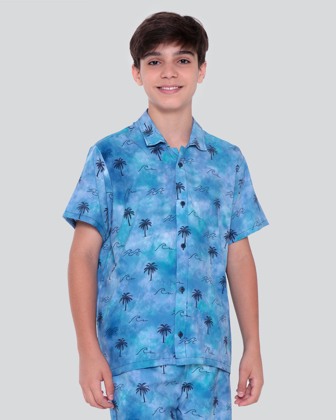 Camisa Juvenil Estampa Tropical Azul