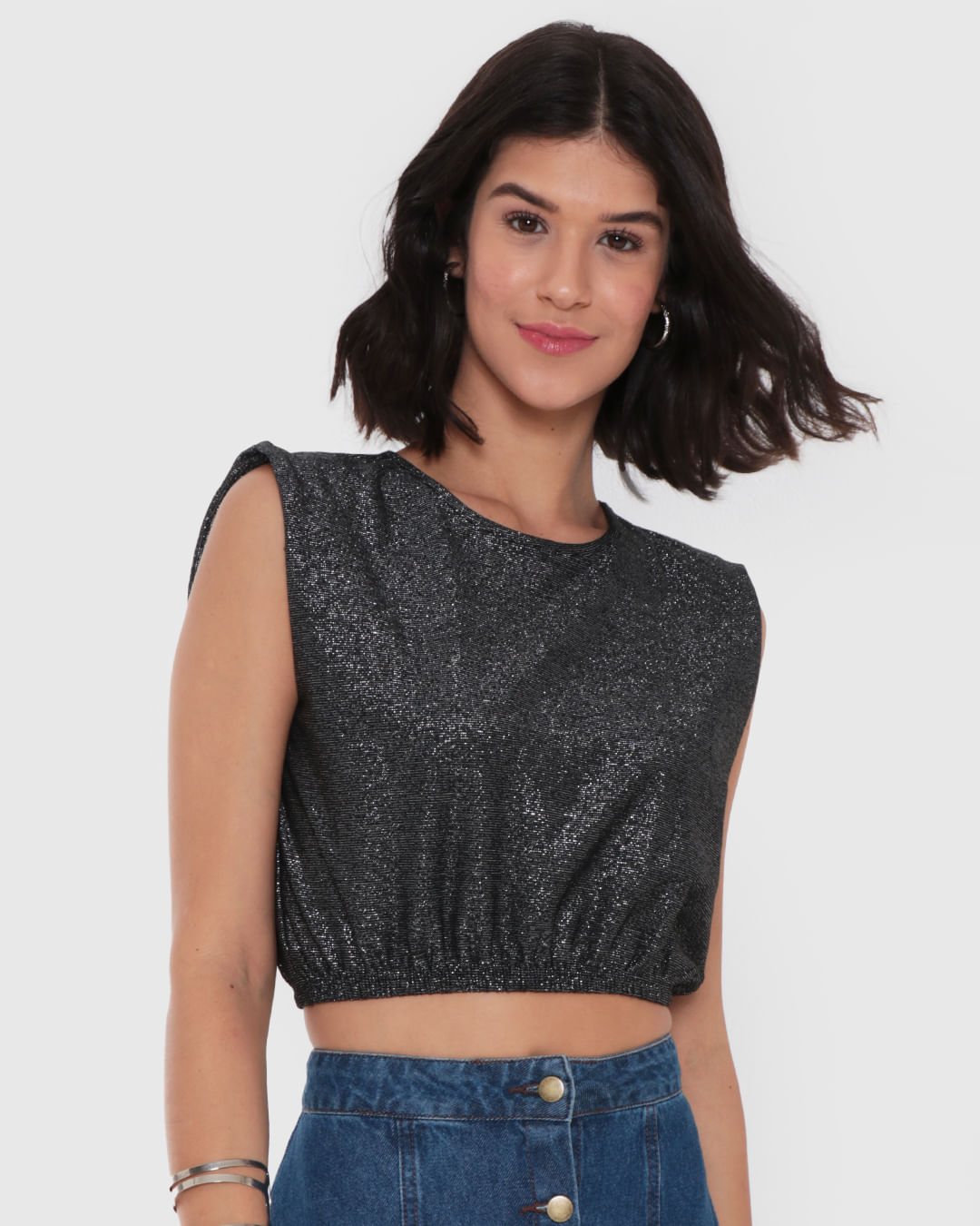 Regata Cropped Feminina Lurex Preto