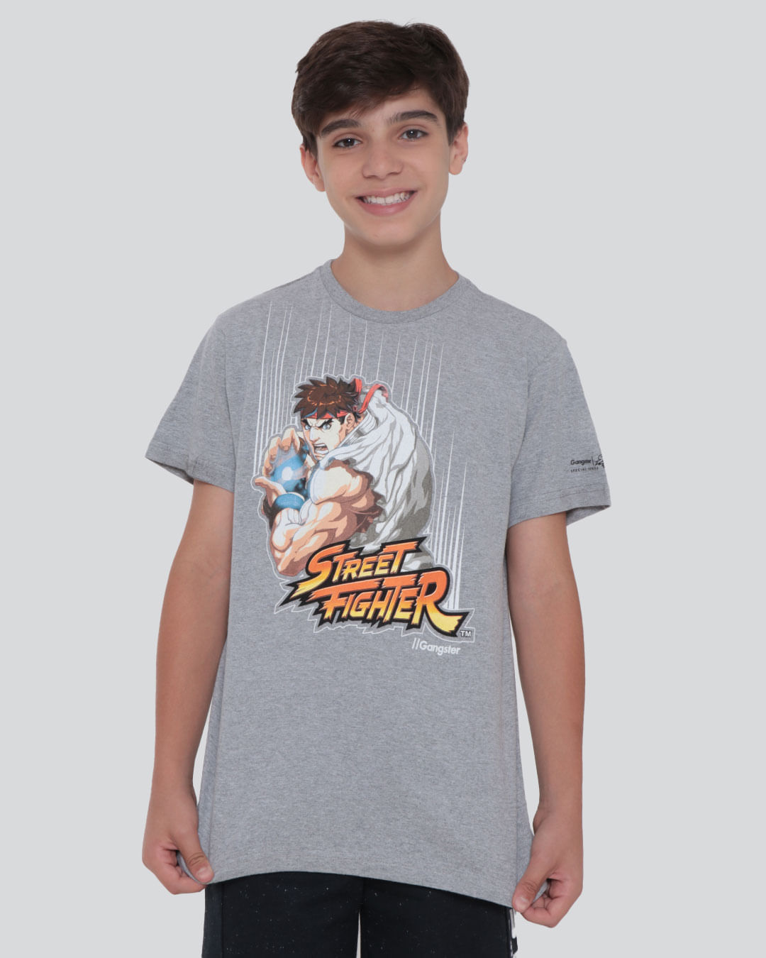 Camiseta Juvenil Gangster Ryu Street Fighter Mescla Cinza